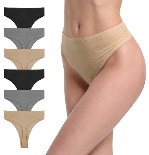 GAREDOB Women Ribbed Cotton Thongs High Waist High Rise Underwear 6Pcs L