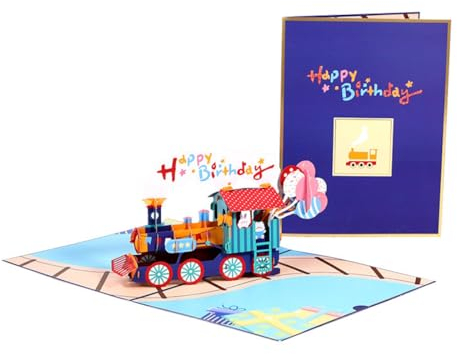 Schevem Geburtstagskarte für Junge 3D Pop up Grußkarte mit Zug, Happy Birthday Eisenbahnkarte mit Umschlag, für Jungen Kinder Zugliebhaber Postkarten - Buntes Design farbenfroh