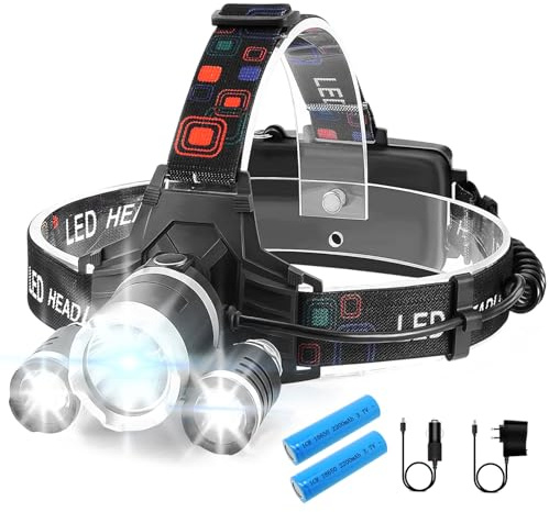 NEOVSUNY Linterna Frontal LED Recargable, Alta Potencia 6000 Lumens 4 Modos Linterna Cabeza, Frontal Trail Running, Alcance 500 Metros Impermeable para Casco Pesca Bicicleta Camping Caza y Emergencia