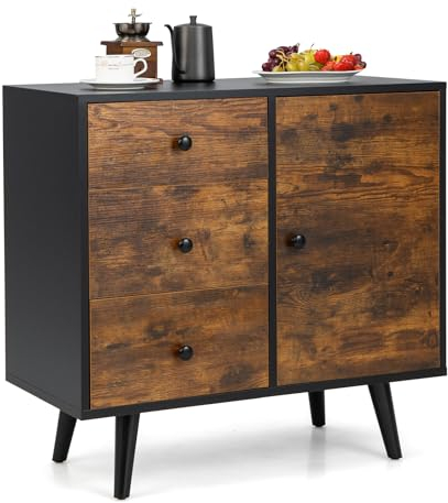 COSTWAY Kommode mit Tür & 3 Schubladen, Sideboard mit verstellbarem Regal & Kippschutz, freistehender Küchenschrank für Wohnzimmer, Küche, Büro, Arbeitszimmer