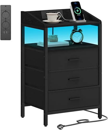 Hzuaneri Comodini con Luci LED e Stazione di Ricarica, Tavolino con 3 Cassetti in Tessuto, con Porte USB e Presa Type-C, Comodini per Camera da Letto, Soggiorno, Nero NS36304B