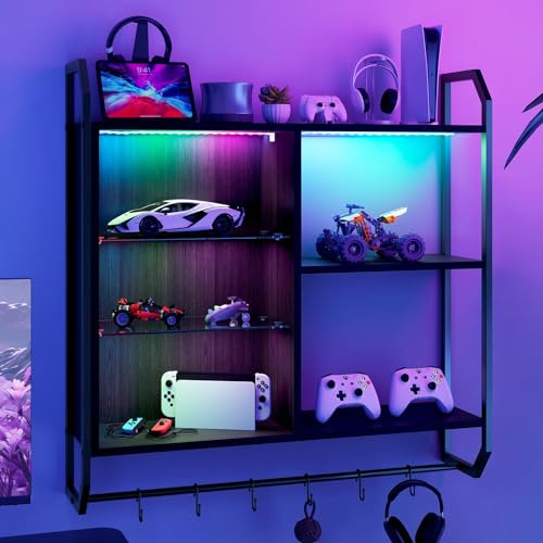 YOURLITE 4 Tier Floating Shelves 83CM LED Wall Mounted Shelf with Adjustable Glass Shelf Pipe Shelves Hanging Display Rack Bookshelf with 6 S Hooks for Living Room Bedroom Gaming Room Bar, Black