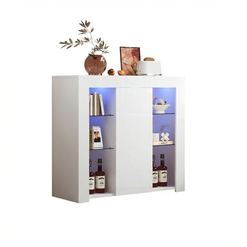 SIRHONA Buffet kök förvaringsskåp, skänk vit vardagsrumsmöbel med ljus, 4 härdat glas, 1 sidodörr, 90 x 35 x 83 cm