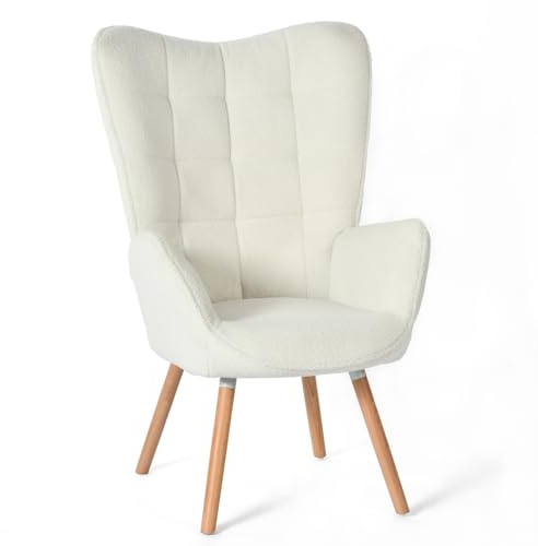 Meuble Cosy Fauteuil Scandinave Chaise de Canapé de Loisirs pour Salon Salle à Manger Bureau avec Un Revêtement en Bouclette, Accoudoirs Rembourés et des Pieds en Bois Massif