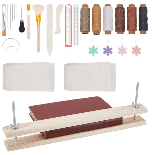 UNICRAFTALE Presse À Livres Kit De Reliure Outil Portable En Bois Avec Matériaux De Reliure Plioir Aiguilles À Gros Chas Alène Pinceau Fil Ciré Règle Pour Relier Et Réparer