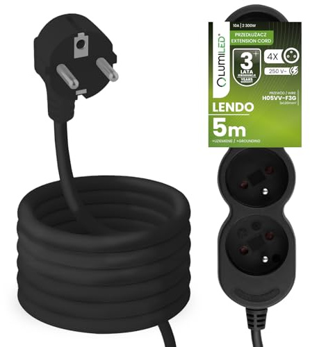 LUMILED Steckdosenleiste 4-Fach Typ E/F Schwarz mit 5m Kabel 2300W 10A 250V mit Kindersicherung und Halterung zur Wandmontage