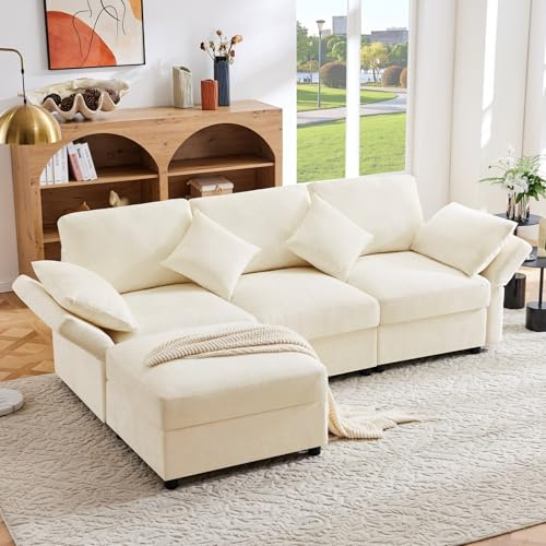 Sofá esquinero convertible en L con reposapiés, sofá de 3 plazas, tejido relajado, sofá convertible de 3 plazas, 4 cojines, reposabrazos ajustables, tejido chenille confortable (beige + chenille + 4