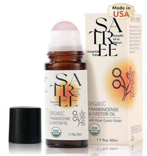 SATREE Organic Castor & Frankincense Oil with Rose Quartz Rollerball - USDA Certified Essential Blend Oil Roll-On, for Face & Body, Anti-Aging, Dark Circles (1.7fl oz)