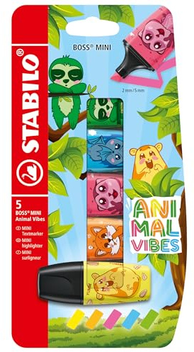 STABILO BOSS MINI Animal Vibes - Mini surligneur fluo - Etui carton x 5 surligneurs - coloris assortis