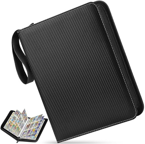 Álbum Cartas Cremallera 50 Páginas, Album Pokemon Carta Coleccionables Extraíbles 900 Tarjetas, Carpeta Titular Fundas Bolsillo Impermeable Transparente para Varias Tarjetas Regalos Niños (Negro)