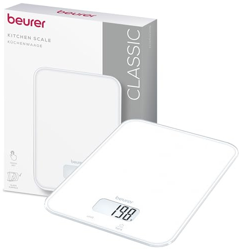 Beurer KS 19 Pure White bilancia da cucina digitale, capacità fino a 5 kg (suddivisione precisa al grammo), bilancia domestica con sensore touch, bilancia per alimenti incl. batterie, bianco