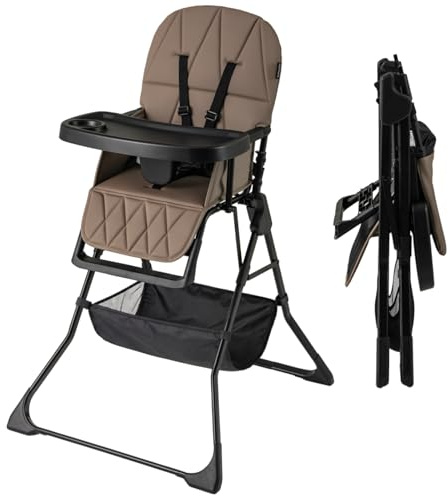 Maxmass Foldable High Chair, Compact High Chair with 3-Position Adjustable Dishwashable Tray, Removable Seat Cushion, 5-Point Safety Harness, Highchair for Baby Infant (Brown with Basket)