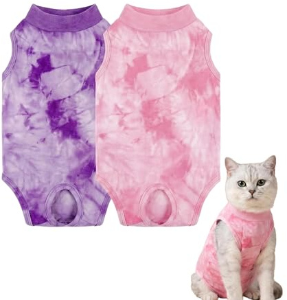 Satiskid 2 Pcs Cat Recovery Suit, Post Surgery Onesie for Cats Kittens, Breathable Anti-Licking Bodysuit, Spay Neuter Surgical Recovery Clothes, Comfortable Elastic Soft Fabric (M, 2-Pack)