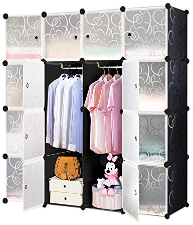 HENGMEI DIY Regalsystem Aufbewahrung Badregale Kleiderschrank Schuhregal Sideboard Schuhschrank Steckregal Badregal mit Schwarz-Muster (16 Boxen mit Tür)