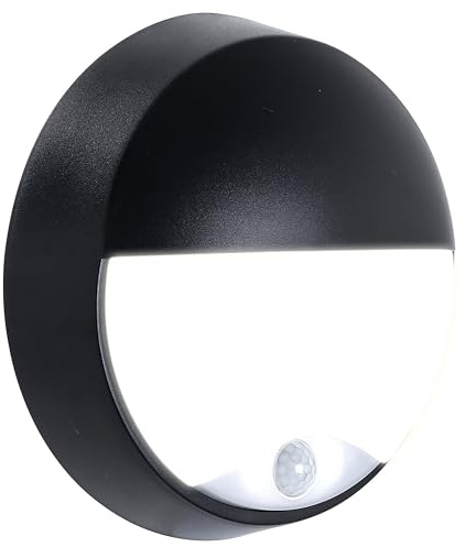 Luceco Aplique de Pared Redondo 10W LED, Lámpara Negro/Blanco con Sensor de Movimiento, iluminación para Exterior, Jardin, Terraza, Patio (EBEE10P40-01)