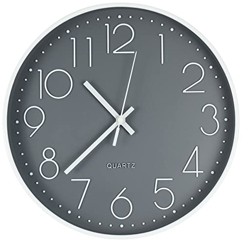 HOSTON 12 Wall Clock, Modern Silent Non Ticking Quartz Wall Clocks Easy to read Digital Wall Clocks for Living room Bedroom Kitchen Bathroom Classroom Office Decor (Grey)