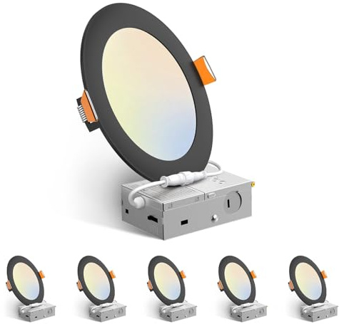 Amico 6 Pack 6 Inch 5CCT Ultra-Thin LED Recessed Ceiling Light with Junction Box, 2700K/3000K/3500K/4000K/5000K Selectable, 12W Eqv 110W, Dimmable Canless Downlight, 1050LM High Brightness,Black