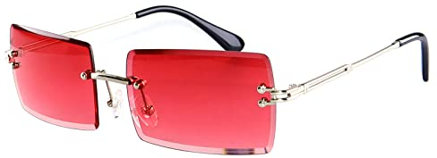 YUELUQU Retro Rimless Rectangle Sunglasses for Women Men Transparent Glasses Y2K Vintage Eyewear (Silver red)