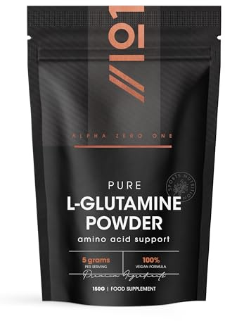 L-Glutamine Powder 150g – Unflavoured – Vegan Fermented Amino Acid – 100% Pure – Resealable and Recyclable Pouch by Alpha01