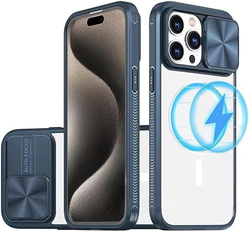 Cover per iPhone 13/14 Custodia Magnetismo trasparente Protezione, Copri Fotocamera Scorrevole Ultra Sottile Rigida Hard Antiurto Antigraffio Antiscivolo Shockproof Protettiva Case blu