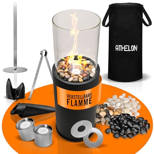 ATHELON® Ethanol Kamin [80x26x26cm] - Bioethanol Standkamin mit Langer Brenndauer & verstellbaren Flammen - Feuersäule inkl. Abdeckhaube & 3 Deko-Steine-Sets [Outdoor & Indoor]