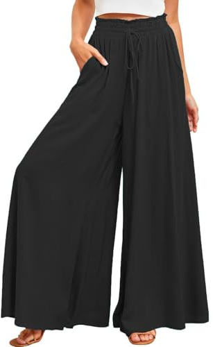 ROFUSSO Pantalons à Jambes Larges pour Femmes Pantalon Palazzo Léger Décontracté Pantalon Décontracté Pantalon D'été Élastique à Taille Haute Pantalon Elégant en Tissu de Couleur Unie avec Poches