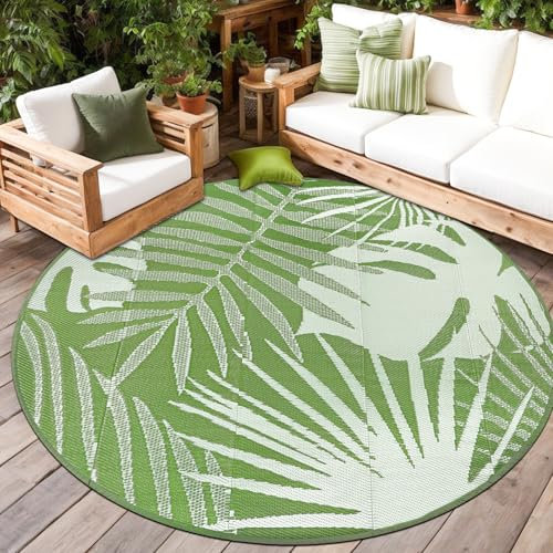 Capslpad ø180cm Waterproof Leaves Round Outdoor Rug Reversible Lightweight Plastic Straw Rug Recycled Portable Travel Circle Carpet Picnic Blanket Mats for Backyard Camping Deck BBQ Beach, Sage Green