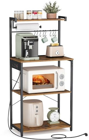 VASAGLE Scaffale da Cucina con Presa Elettrica, Bar Caffè a 4 Ripiani con Uno Regolabile, Supporto per Microonde, Porta Carta da Cucina, 40 x 60 x 140 cm, Marrone Vintage e Nero Inchiostro KKS014K02