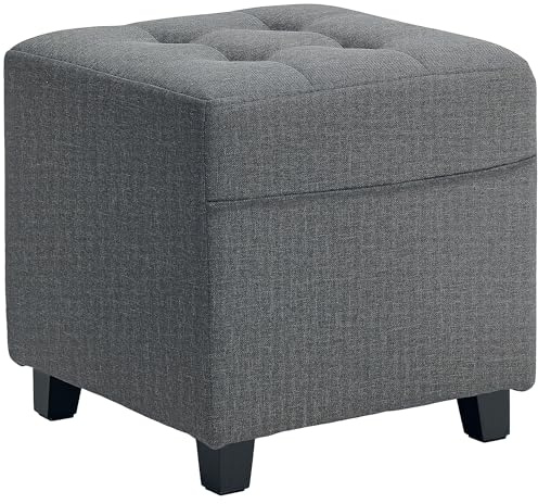 HOMCOM Reposapiés de Salón Taburete Bajo Tapizado en Lino Otomana Cuadrada con Bolsillo Lateral Tapa con Botones Acolchados y Marco de Madera para Sala de Estar Dormitorio Gris