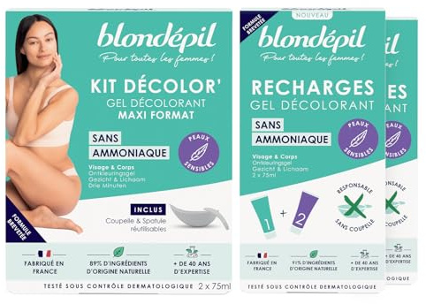 Blondépil - Lot Decolor’Sans Ammoniaque, creme decolorante visage & corps, Peaux sensibles, Rapide & Efficace, Made in France, 89% d’ingrédients d’origine naturelle, Maxi format + 2 Recharges