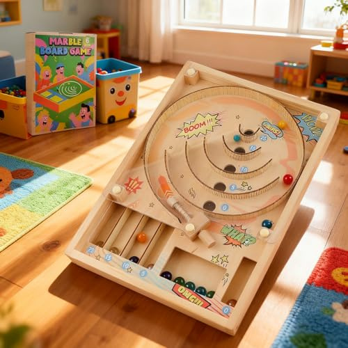 LNSYSNS Jeu De Bureau Billes, Bois Table Jouet pour avec Score, Enfants Jeu Challenge D'adresse, avec 2 Pieds de Montage et 10 Boules en Verre, pour Le Défi et Le Divertissement