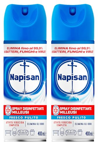 Napisan Spray Disinfettante Milleusi Fragranza Fresco Pulito per Tessuti e Superfici Elimina Batteri Funghi Virus Rimuove Cattivi Odori Ideale per Bagno Cucina Divani Materassi - 2 Flaconi da 400ml