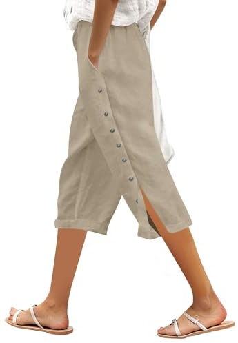 Genérico Pantalones Casuales de Tres Cuartos para Mujer con Cintura elástica, diseño Holgado y Botones Laterales Ajustables, Ideales para Uso Diario y Actividades al Aire Libre