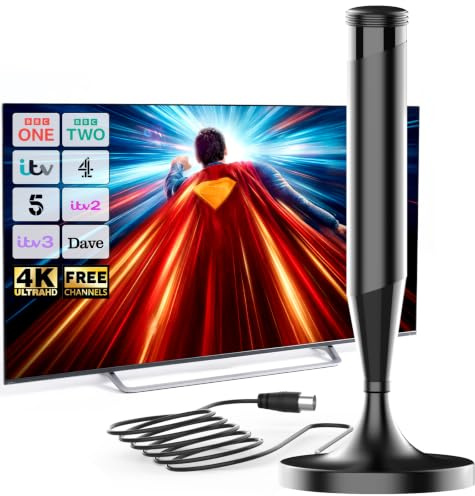 Indoor TV Aerial with Magnetic Base, Digital TV Aerial Indoor for Smart TV, Compatible with All Televisions, 360° Reception, Supports 4K 1080P HD, Compact Indoor Aerial, 5m Coaxial Cable