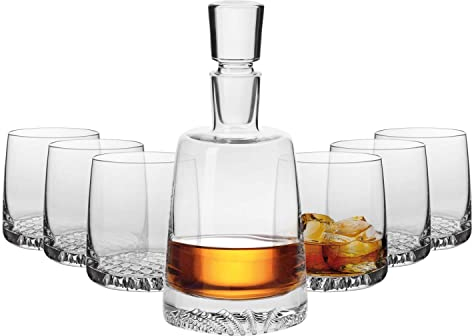 KROSNO Whisky Glass Decanter Set | 1 x 950 ml Crystal Carafe & 6 x 300 ml Glasses | Fjord Collection | Brandy Glass Alcohol Gift Set | Home, Restaurants and Kitchen | Gift Box for a Connoisseur