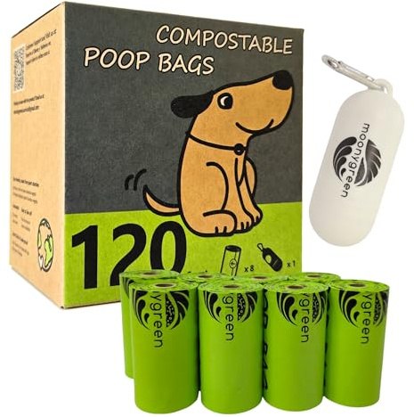 moonygreen Dog Poop Bag with Holder, Compostable Dog Bags for Poop, Vegetable-Based Doggy Poop Bags, Eco-Friendly, Unscented, Extra Thick and Leak Proof, 120 Counts, 10 Rolls, 9 x 13 Inches
