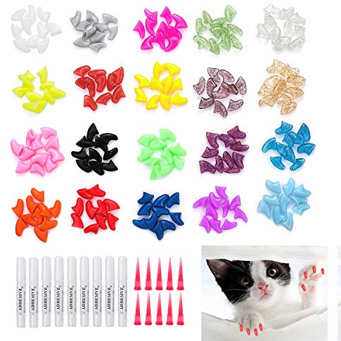 200 stycken nagelskydd för katt, kloskydd för katt hund, färgglada mjuka klor, kattunge, nagelhättor, katter, nagelskal, nagelpluggar med klibbiga lim, applikatorer med instruktioner för husdjur