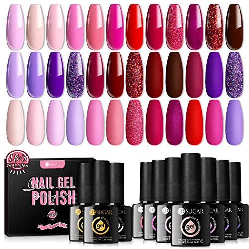 UR SUGAR 7,5ML Smalti Semipermanenti per Unghie, 18+3 Rosso Blu Viola Nudo Colori Gel Unghie Opaca Matte Top Coat & Base Gel Coat UV LED Soak Off Colori in Gel Kit 18+3PCS