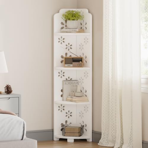 Dripex White Corner Shelf, Free Standing Shelf, Floor Storage Unit for Bathroom, Living Room or Bedroom(4 Tier Flower Style)