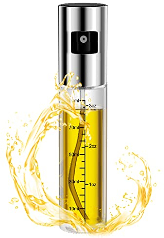 Newaner Öl Sprayer, Ölsprüher Flasche, 100ml Ölsprüher für Kochen mit Skala, Durchsichtige nachfüllbare Öl- oder Essigspenderflasche, Geeignet zum Kochen, Grillen, Backen, Pasta, Salate(Silber)