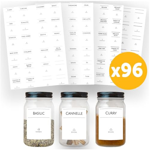 Avery Étiquettes Épices Minimalistes pour Bocaux - 70 pré-imprimées + 26 vierges - 45 mm x 37 mm, Etiquette Epices Français, Étiquette Epices Cuisine Français, Étiquette Pot À Epices Français