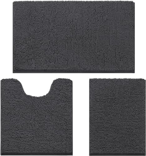 wyewye Bathroom Mat 3 Piece, Non Slip Chenille Bath Mats, Soft and Comfortable, Super Water Absorption Bath Rug, Machine-Washable Quick Dry, for Bathroom, Tub and Shower, Deep Gray
