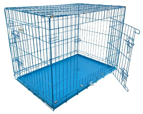 HugglePets Blue Metal Dog Puppy Cage Foldable Small 61cm Dual Door with Locks, Car Home and Travel Crate