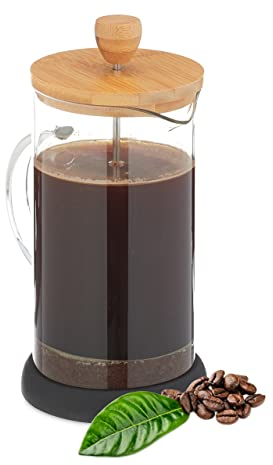 Relaxdays Cafetière, Machine à café Manuelle, passoire, 1 L, théière Verre et Couvercle Bambou, Transparent/Nature
