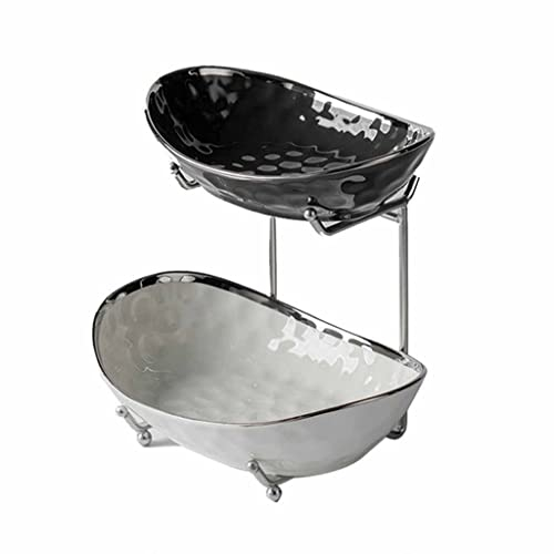 Frutero de cerámica de 2 niveles con soporte for encimera de cocina, estante de almacenamiento de bandeja de frutas de múltiples capas, bandeja de servir verduras for el hogar, oficina, sala de estar,