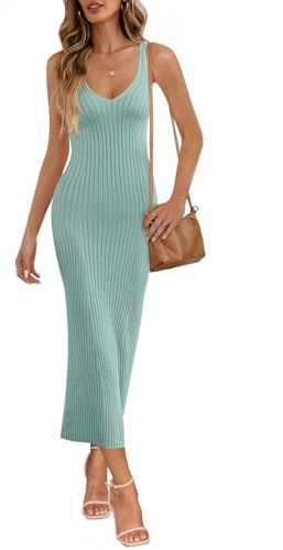MEROKEETY Womens 2025 Summer V Neck Knit Midi Dress Bodycon Casual Sleeveless Ribbed Party Sweater Dresses,Sage,M