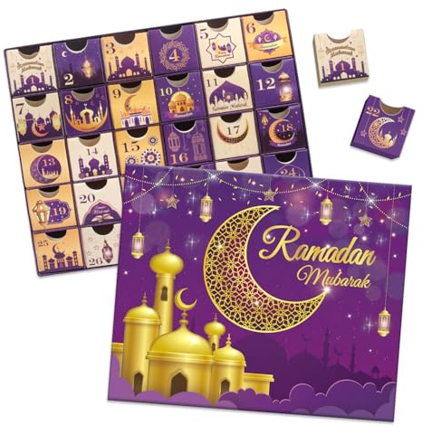 Ramdan Calendario de Adviento 2024, 30 cajas vacías para 30 días, calendario de Coutdown de Eid Mubarak, caja de regalo de Ramadán rellenable, suministros para fiestas de Ramadán Mubarak, color morado