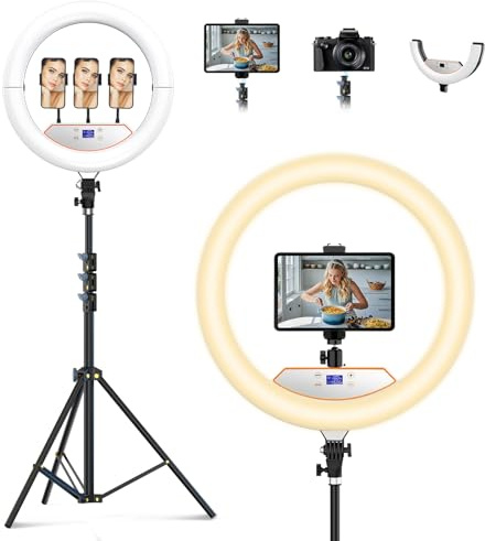18 tums ringljus med stativ, 2 st vikbar stor ringlampa för iPhone, LED-display/3 telefonklämmor/2 USB-portar, 2 700–6 500 K, ringljusstativ för tatuering frans barberare makeup studio video