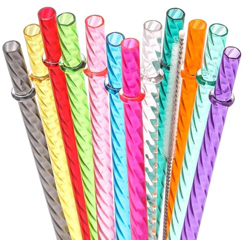 Dakoufish 12 Inch Reusable Clear Plastic Swirl Drinking Straws for Stanley 30 oz & 40 oz Jars/Tumblers,Set of 12 Pcs Replacement Straws with Cleaning Brush (12inch,12color)