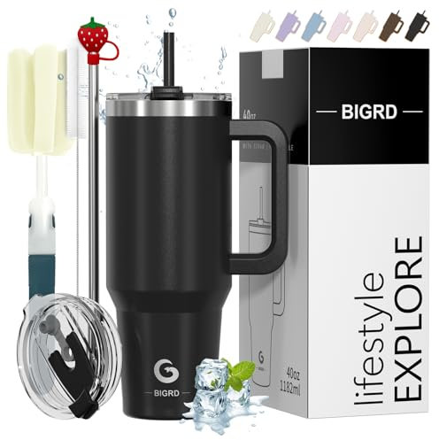 BIGRD Thermobecher mit Strohhalm und Deckel Auslaufsicher Doppelwandiger Edelstahl 1.2L, Kaffeebecher To Go Trinkflasche Sport Travel Mug 6h heiß und 12h kalt,BPA-frei,Schwarz